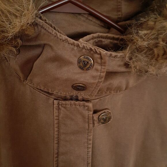 Guess coat tan brown utility anorak fall winter jacket l cotton canvas parka - Picture 13 of 15